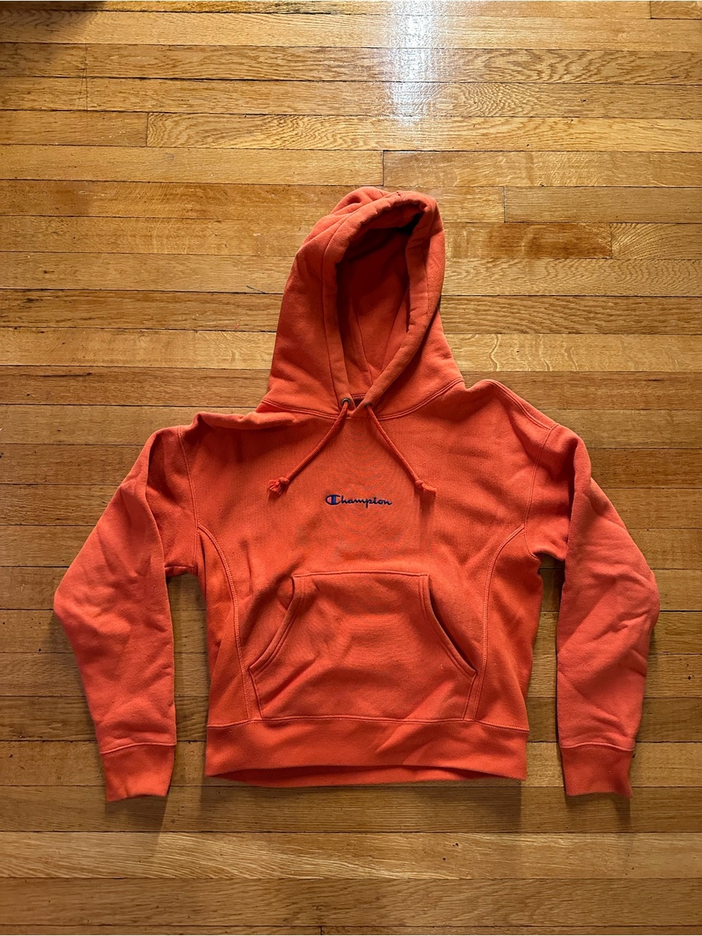 Champion Hoodie Sweatshirt Mens small Orange Reverse Weave Pullover Fleece